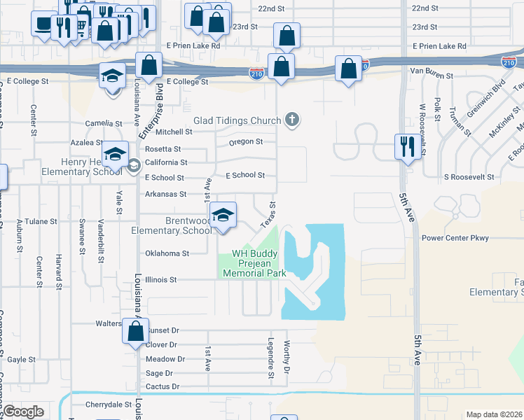 map of restaurants, bars, coffee shops, grocery stores, and more near 3742 Texas Street in Lake Charles