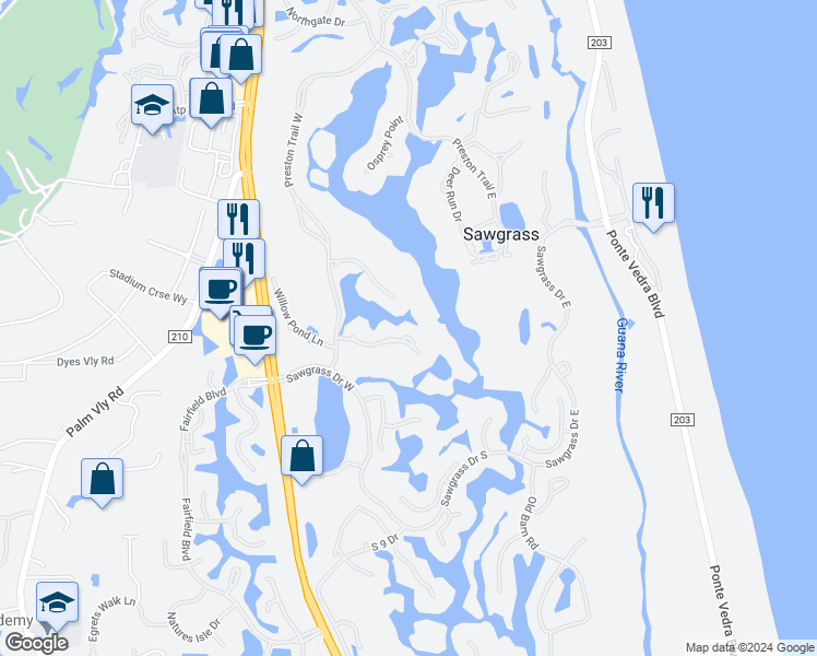 map of restaurants, bars, coffee shops, grocery stores, and more near 16 Lake Julia Drive South in Ponte Vedra Beach