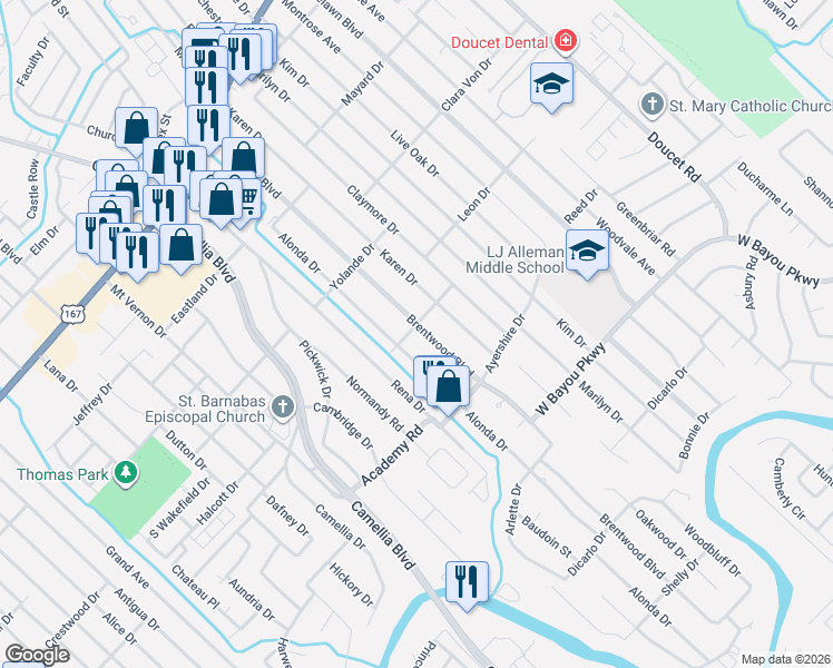 map of restaurants, bars, coffee shops, grocery stores, and more near 400 Brentwood Boulevard in Lafayette