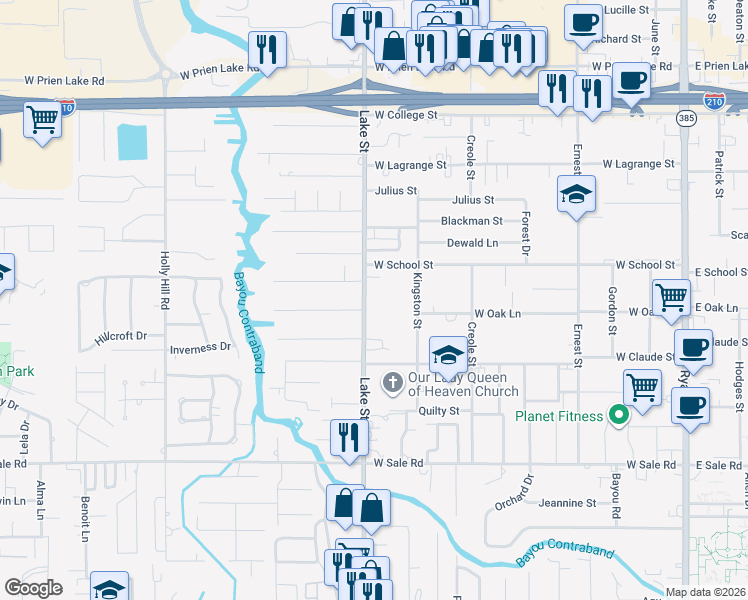 map of restaurants, bars, coffee shops, grocery stores, and more near 3800 Lake Street in Lake Charles