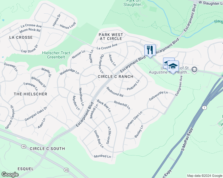 map of restaurants, bars, coffee shops, grocery stores, and more near 10838 Redmond Road in Austin