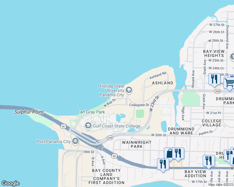 map of restaurants, bars, coffee shops, grocery stores, and more near 4915 North Bay Drive in Panama City