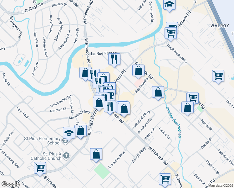 map of restaurants, bars, coffee shops, grocery stores, and more near 145 James Comeaux Road in Lafayette