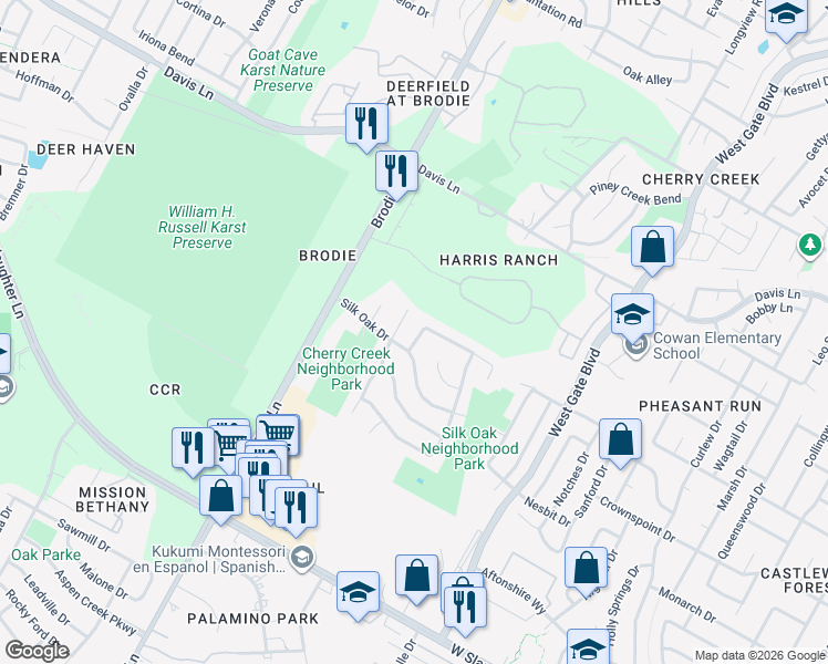 map of restaurants, bars, coffee shops, grocery stores, and more near 9303 Lightwood Loop in Austin