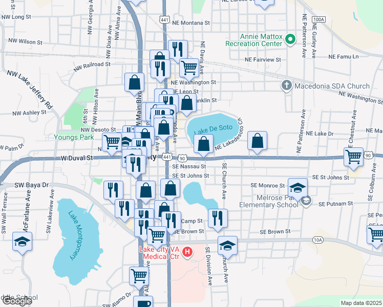 map of restaurants, bars, coffee shops, grocery stores, and more near 182 Northeast Justice Street in Lake City