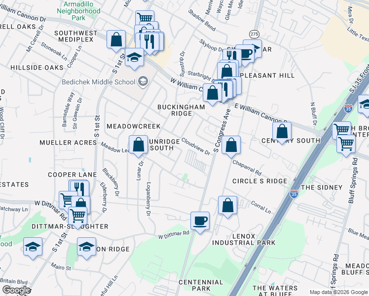 map of restaurants, bars, coffee shops, grocery stores, and more near 7121 Wishing Well Drive in Austin