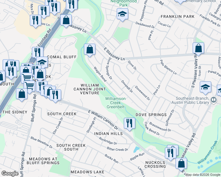 map of restaurants, bars, coffee shops, grocery stores, and more near 6204 Wagon Bend in Austin