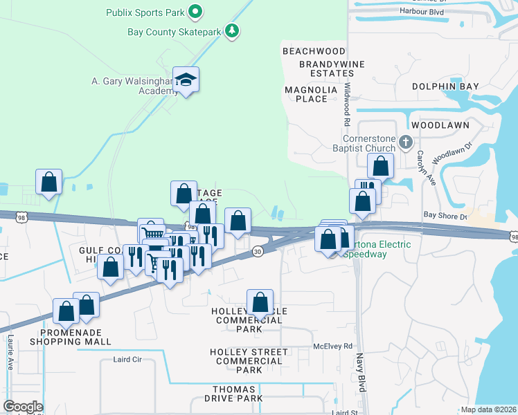 map of restaurants, bars, coffee shops, grocery stores, and more near 7564 Shadow Lake Drive in Panama City Beach