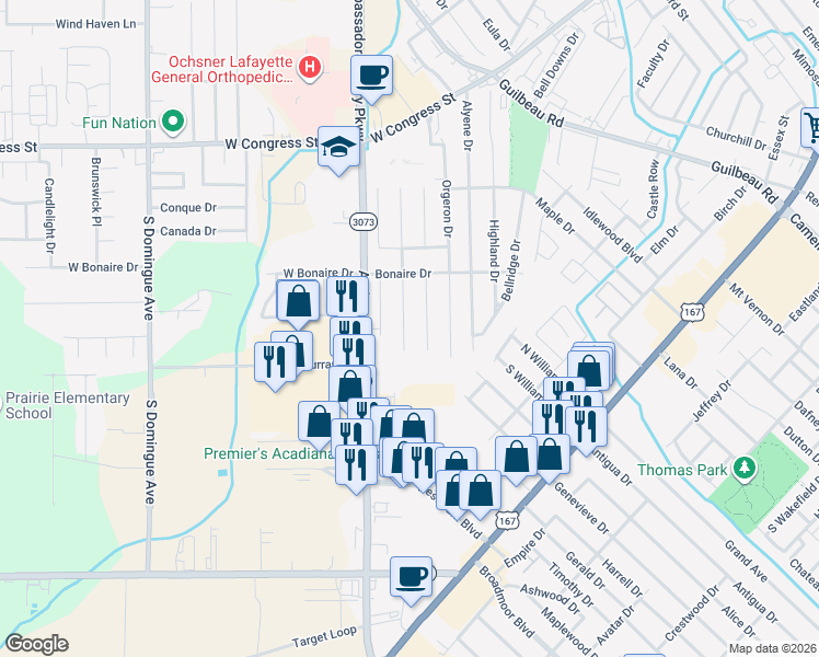 map of restaurants, bars, coffee shops, grocery stores, and more near 322 Upland Drive in Lafayette