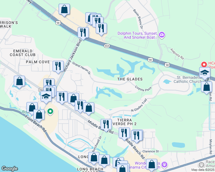 map of restaurants, bars, coffee shops, grocery stores, and more near 129 Grand Heron Drive in Panama City Beach