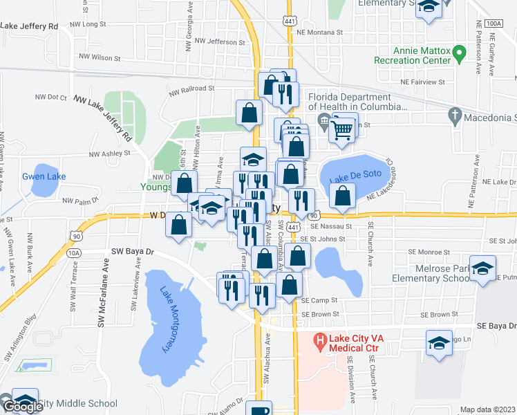 map of restaurants, bars, coffee shops, grocery stores, and more near in Lake City