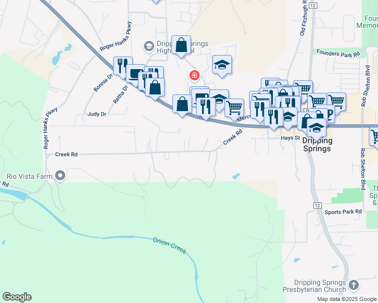 map of restaurants, bars, coffee shops, grocery stores, and more near 385 Creek Road in Dripping Springs