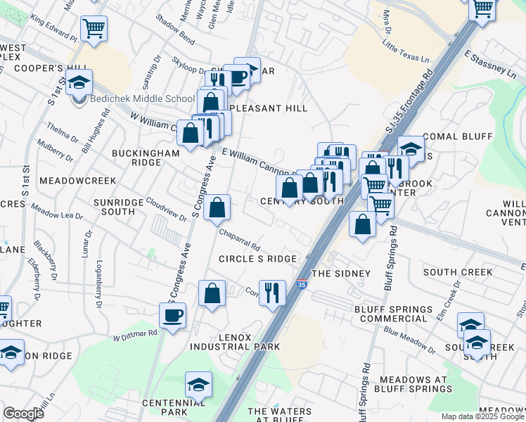 map of restaurants, bars, coffee shops, grocery stores, and more near 6725 Circle South Road in Austin