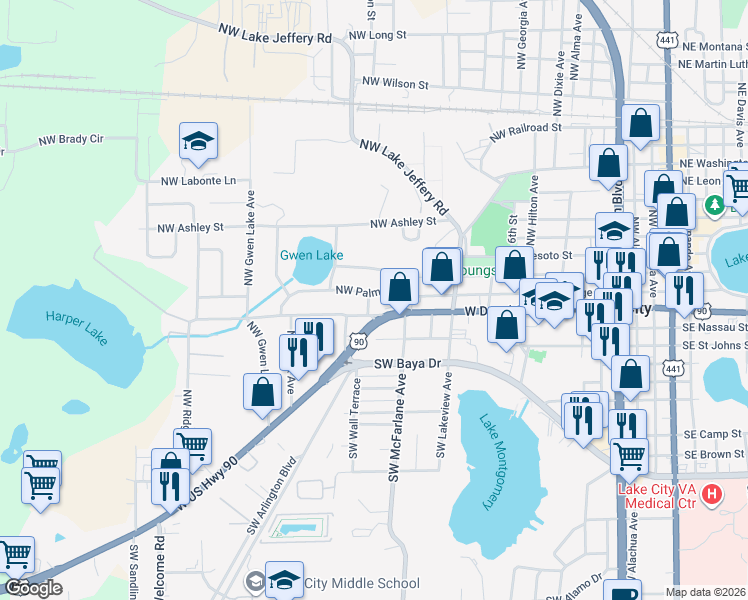 map of restaurants, bars, coffee shops, grocery stores, and more near 633 Northwest Palm Drive in Lake City
