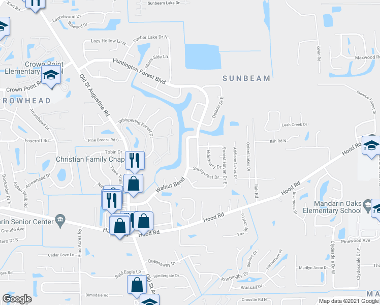 map of restaurants, bars, coffee shops, grocery stores, and more near 10356 Walnut Bend North in Jacksonville