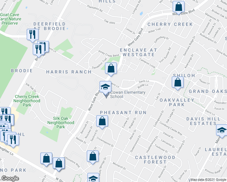 map of restaurants, bars, coffee shops, grocery stores, and more near 2817 Kentish Dr in Austin