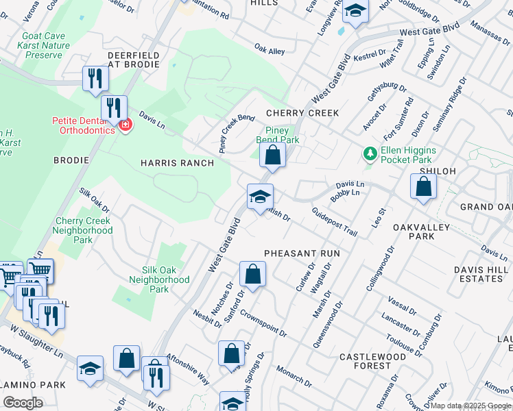map of restaurants, bars, coffee shops, grocery stores, and more near 2817 Kentish Drive in Austin