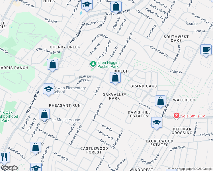 map of restaurants, bars, coffee shops, grocery stores, and more near 2609 Davis Lane in Austin