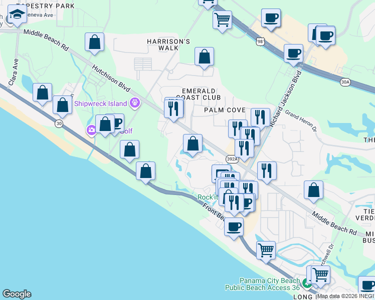 map of restaurants, bars, coffee shops, grocery stores, and more near 11525 Hutchison Boulevard in Panama City Beach