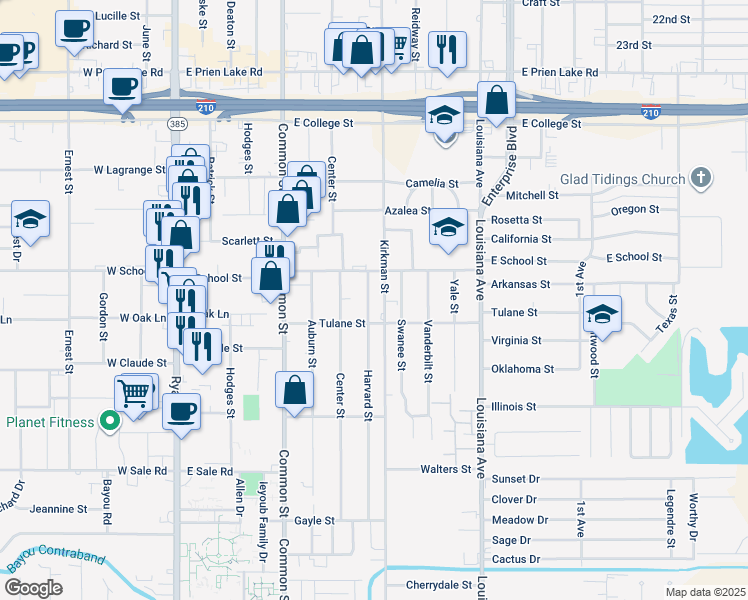 map of restaurants, bars, coffee shops, grocery stores, and more near 3708 Kirkman Street in Lake Charles
