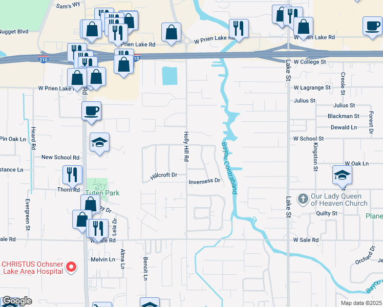 map of restaurants, bars, coffee shops, grocery stores, and more near 1216 Dumbarton Drive in Lake Charles
