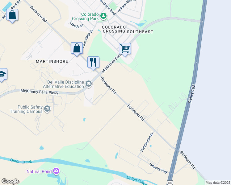 map of restaurants, bars, coffee shops, grocery stores, and more near 7708 Burleson Road in Austin