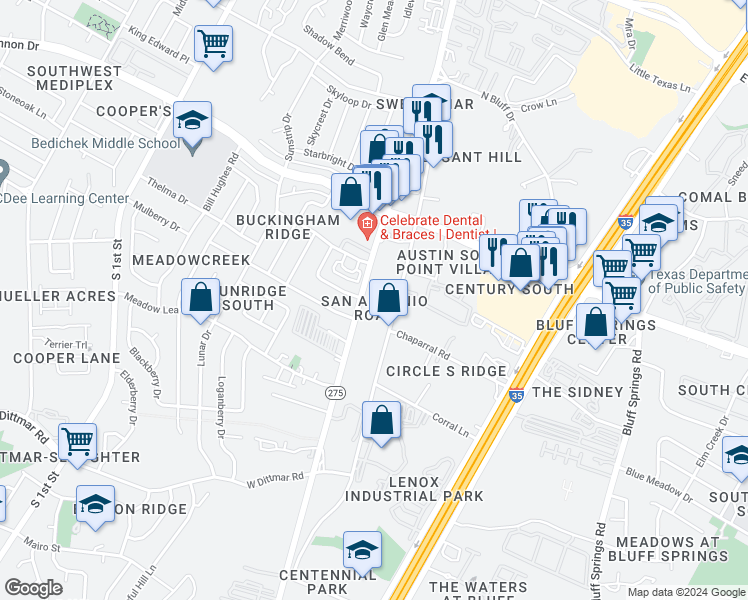 map of restaurants, bars, coffee shops, grocery stores, and more near 6804 Circle South Road in Austin