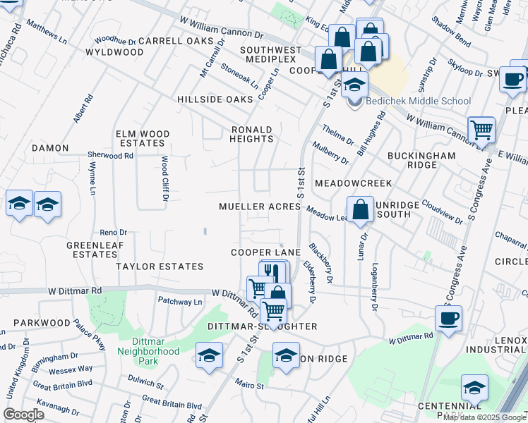map of restaurants, bars, coffee shops, grocery stores, and more near 701 Aletha Lane in Austin