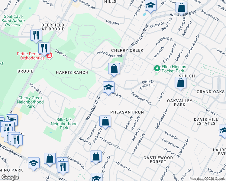 map of restaurants, bars, coffee shops, grocery stores, and more near 8941 Parker Ranch Circle in Austin