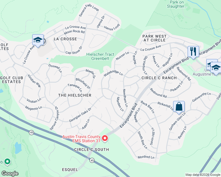 map of restaurants, bars, coffee shops, grocery stores, and more near 11004 Ariock Lane in Austin