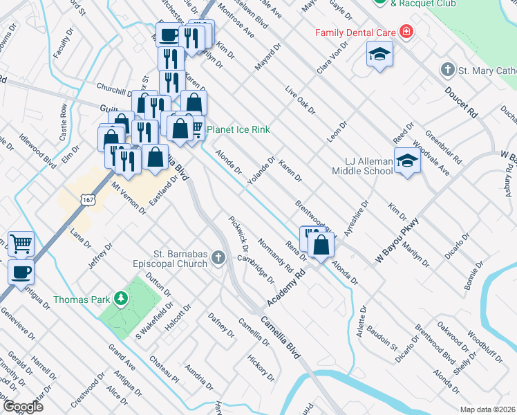 map of restaurants, bars, coffee shops, grocery stores, and more near 123 Alonda Drive in Lafayette