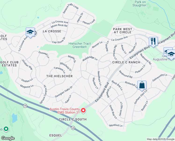 map of restaurants, bars, coffee shops, grocery stores, and more near 11004 Ariock Lane in Austin