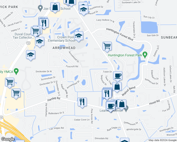 map of restaurants, bars, coffee shops, grocery stores, and more near 10321 Arrow Lakes Drive East in Jacksonville