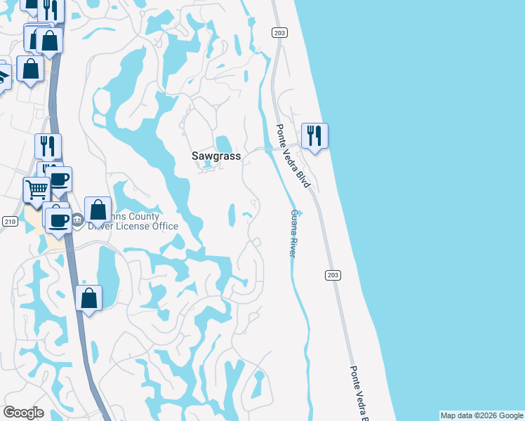 map of restaurants, bars, coffee shops, grocery stores, and more near 9932 Sawgrass Drive East in Ponte Vedra Beach