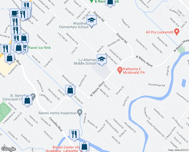 map of restaurants, bars, coffee shops, grocery stores, and more near 910 Kim Drive in Lafayette