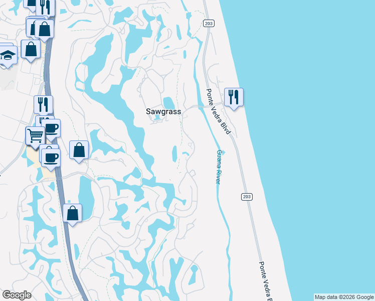 map of restaurants, bars, coffee shops, grocery stores, and more near 9867 Sawgrass Drive East in Ponte Vedra Beach