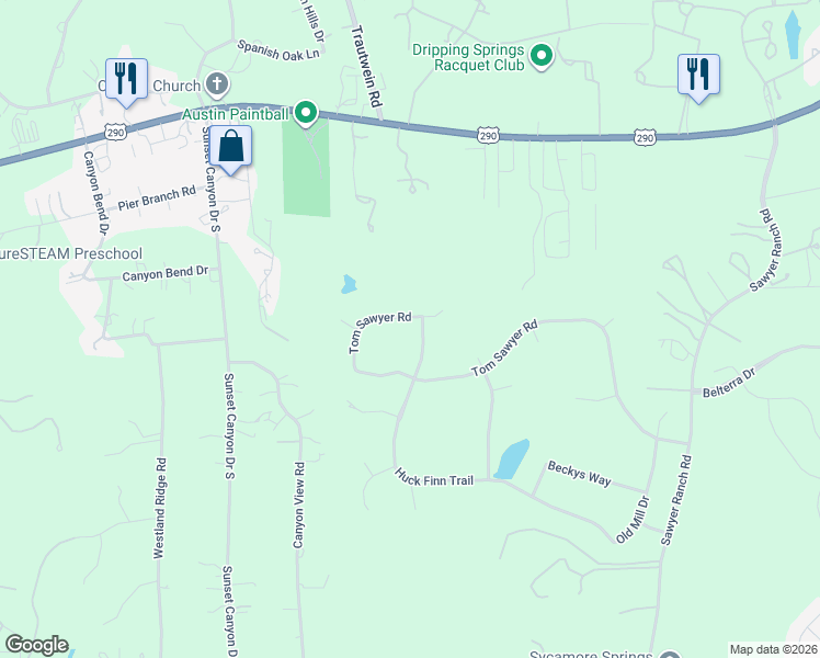 map of restaurants, bars, coffee shops, grocery stores, and more near 1351 Tom Sawyer Road in Dripping Springs