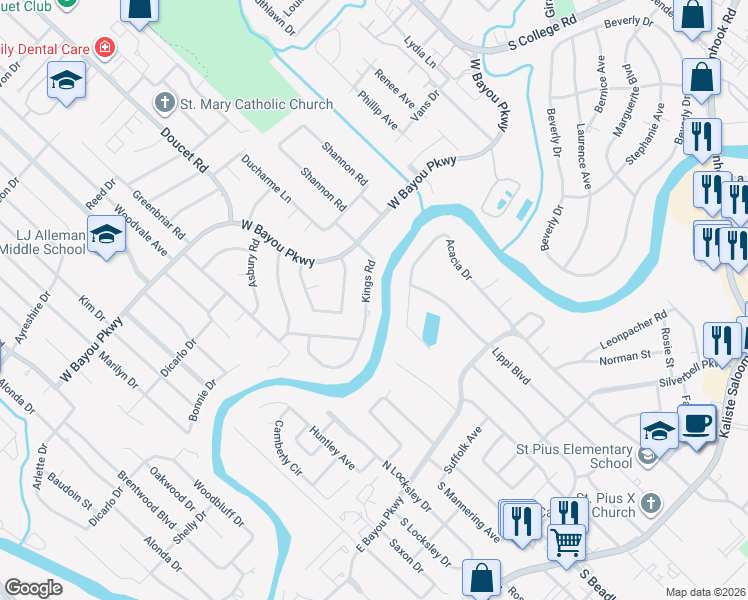 map of restaurants, bars, coffee shops, grocery stores, and more near 211 Kings Road in Lafayette