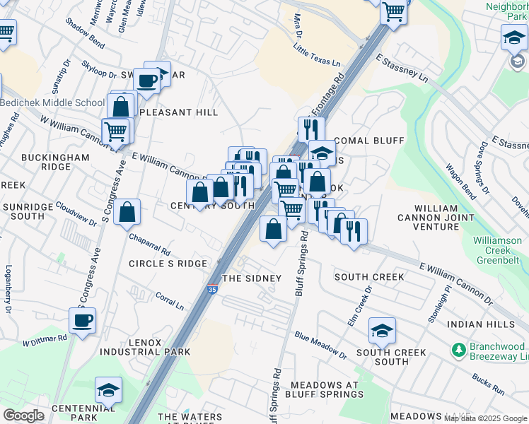 map of restaurants, bars, coffee shops, grocery stores, and more near 6607 North Interstate 35 Frontage Road in Austin