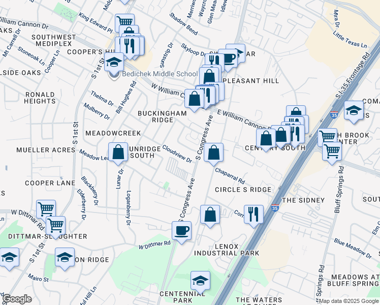 map of restaurants, bars, coffee shops, grocery stores, and more near 105 Meteor Drive in Austin