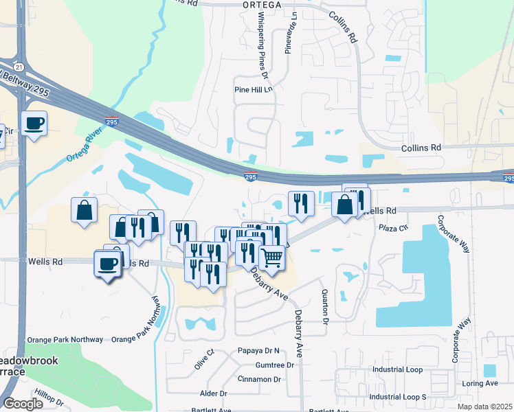 map of restaurants, bars, coffee shops, grocery stores, and more near 2095 Tanager Drive in Orange Park