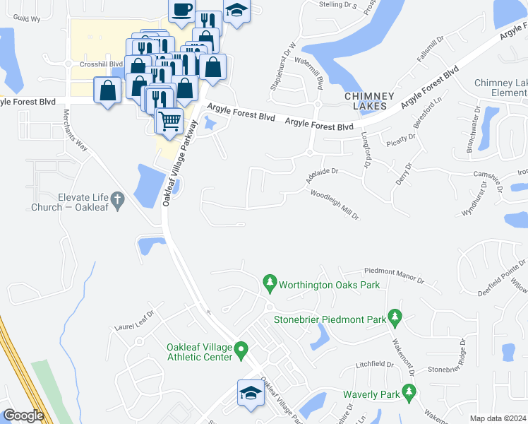 map of restaurants, bars, coffee shops, grocery stores, and more near 9608 Woodstone Mill Dr in Jacksonville