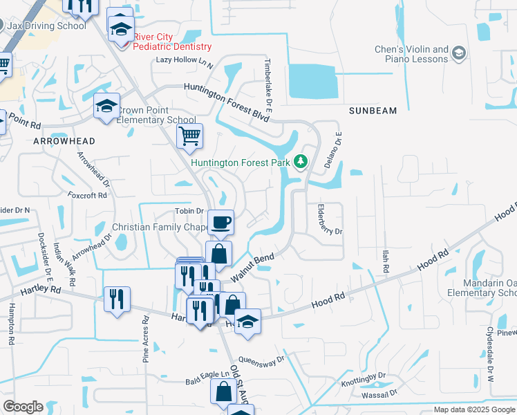 map of restaurants, bars, coffee shops, grocery stores, and more near 10263 Whispering Forest Drive in Jacksonville