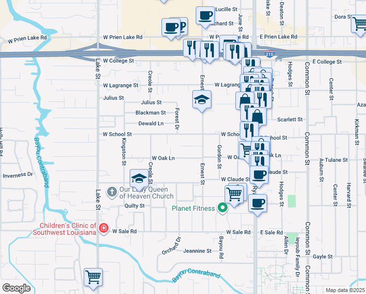 map of restaurants, bars, coffee shops, grocery stores, and more near 317 School Ln in Lake Charles