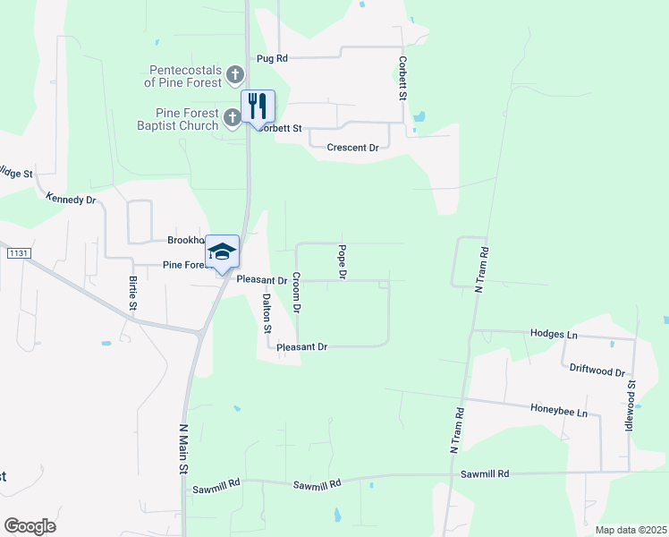 map of restaurants, bars, coffee shops, grocery stores, and more near 450 Tolbert Lane in Vidor