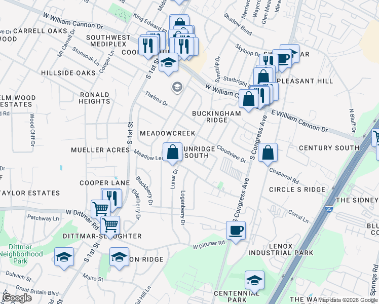 map of restaurants, bars, coffee shops, grocery stores, and more near 7101 Wishing Well Drive in Austin