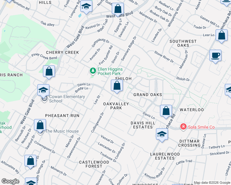 map of restaurants, bars, coffee shops, grocery stores, and more near 2526 Star Grass Circle in Austin