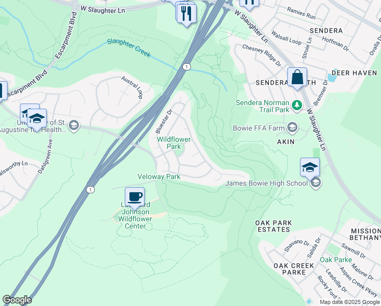 map of restaurants, bars, coffee shops, grocery stores, and more near 4932 Tiger Lily Way in Austin