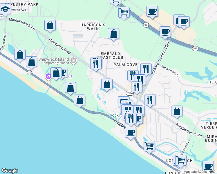 map of restaurants, bars, coffee shops, grocery stores, and more near 11525 Hutchison Boulevard in Panama City Beach