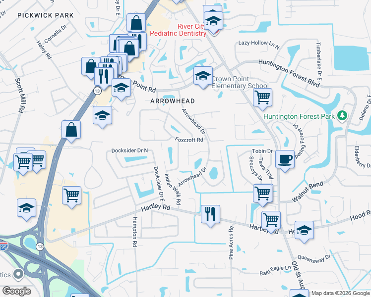 map of restaurants, bars, coffee shops, grocery stores, and more near 10324 Arrow Forest Court in Jacksonville
